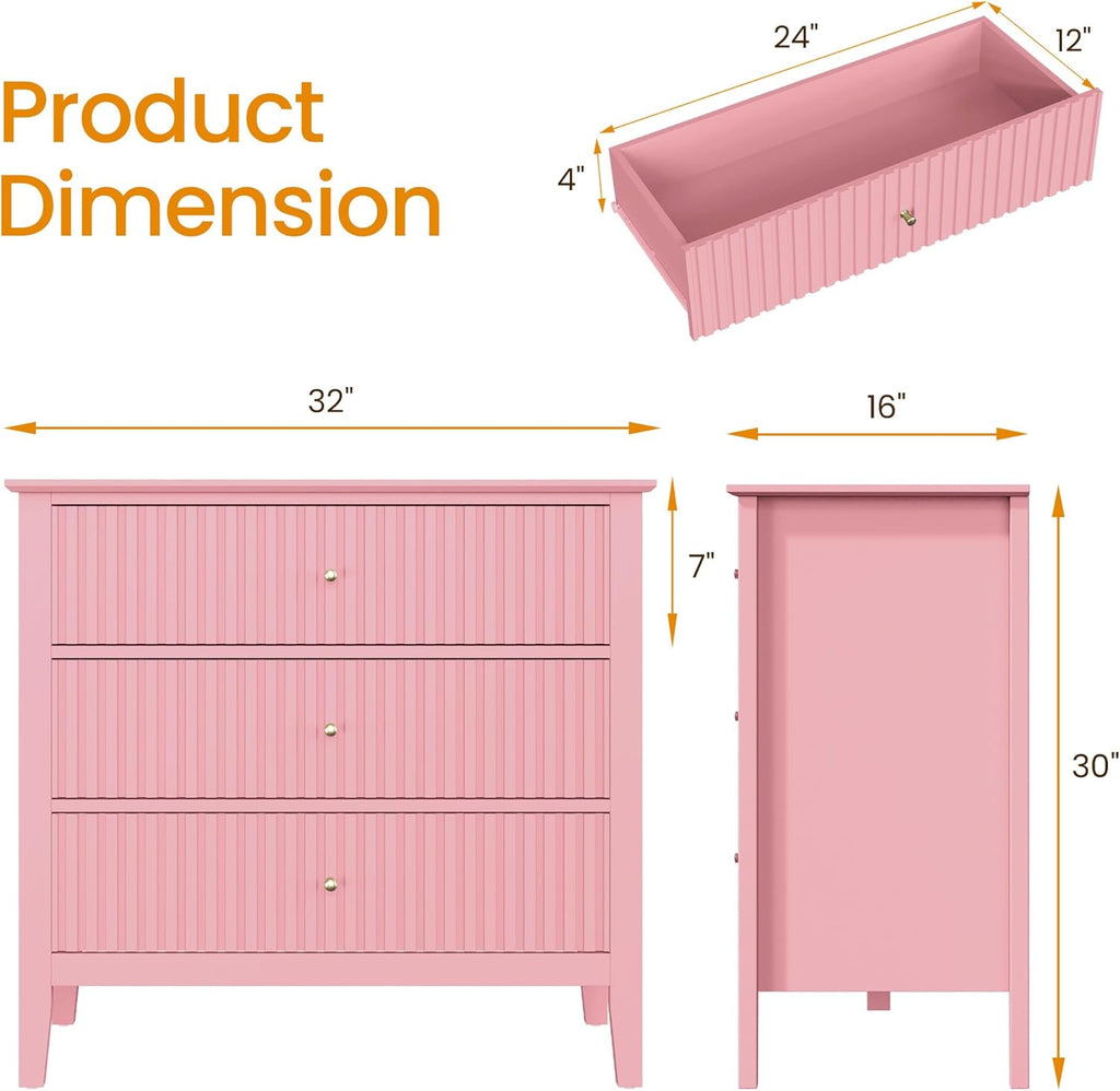 RoyalCraft Fluted 32 inch Wide Nightstand Set of 2, Large Pink Nightstand with 3 Drawer, Modern End Table, Wood Beside Table for Home and Office