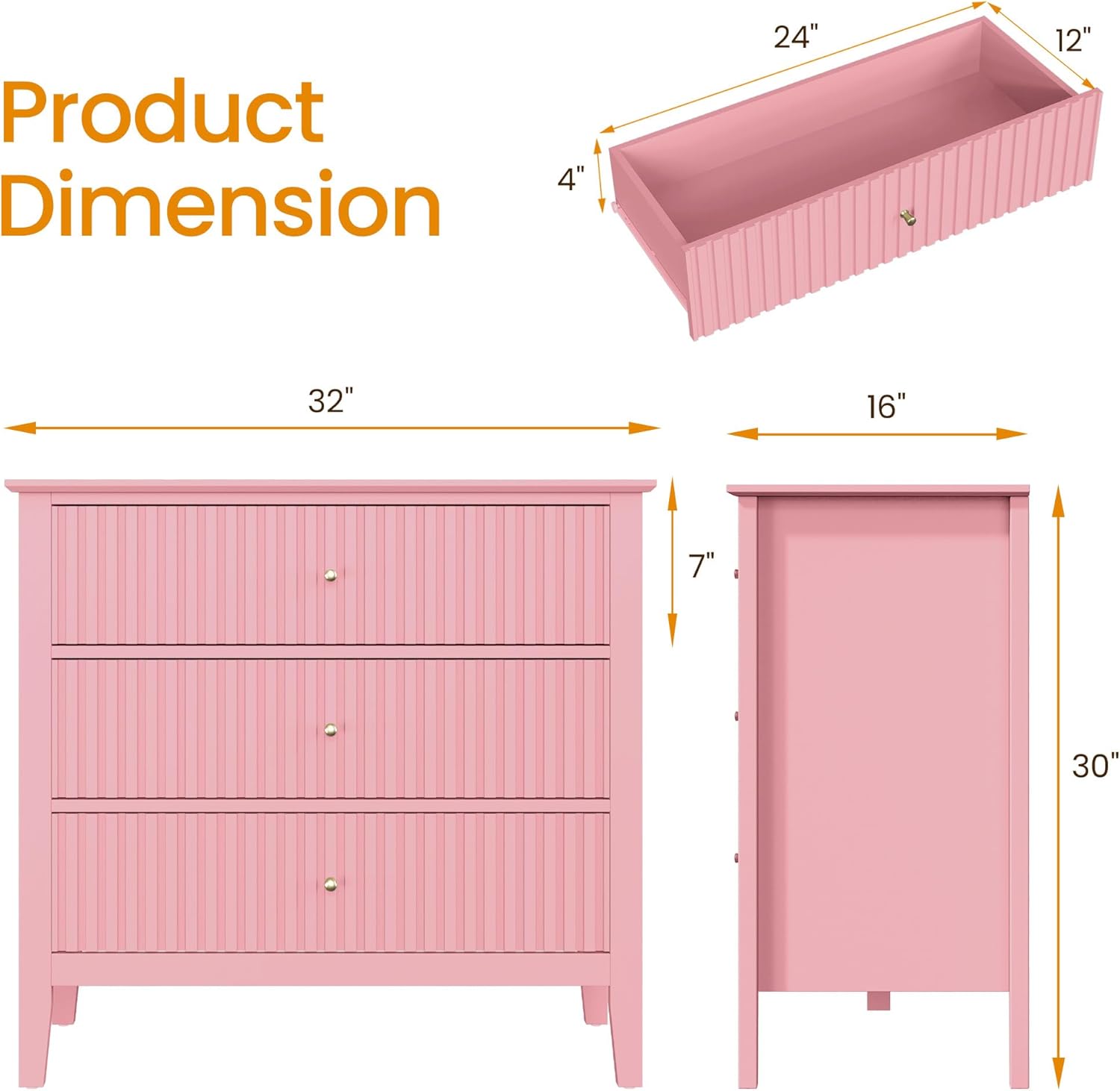 RoyalCraft Fluted 32 inch Wide Nightstand Set of 2, Large Pink Nightstand with 3 Drawer, Modern End Table, Wood Beside Table for Home and Office