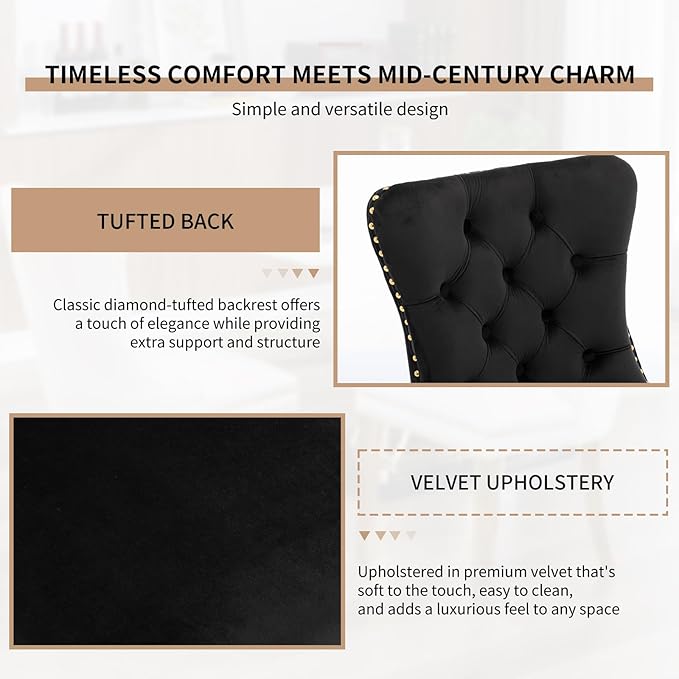 Mid Century Modern Dining Chairs Set of 8, Velvet Upholstered Tufted Back, Black Kitchen & Dining Room Chairs, Gold Metal Legs, Nailhead Trim, Sillas para Comedor (Black, 8 Pcs)