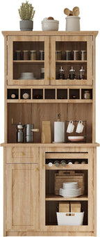 Farmhouse Tall Kitchen Pantry Storage Cabinet with Hunch, Freestanding Buffet Cabinet with Wine Rack and Adjustable Shelves for Kitchen, Dining Room (Natural)