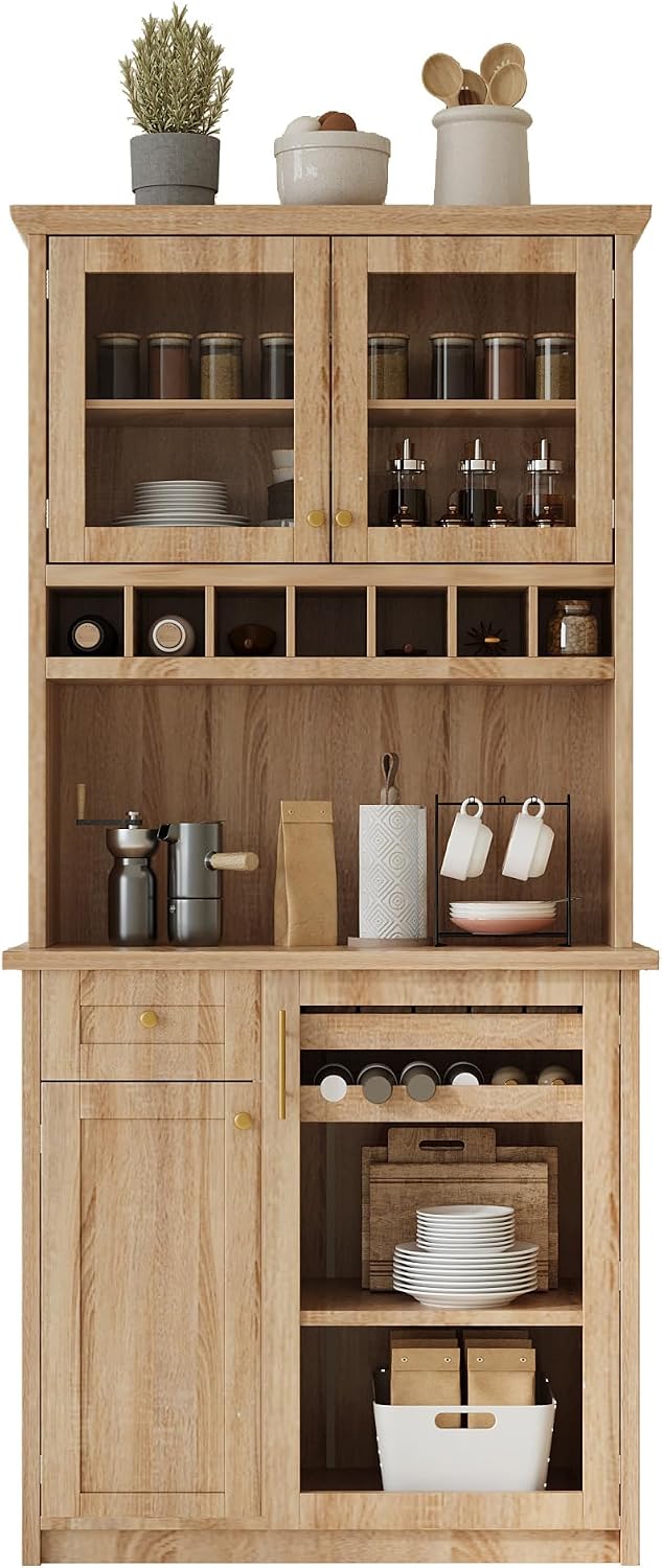 Farmhouse Tall Kitchen Pantry Storage Cabinet with Hunch, Freestanding Buffet Cabinet with Wine Rack and Adjustable Shelves for Kitchen, Dining Room (Natural)