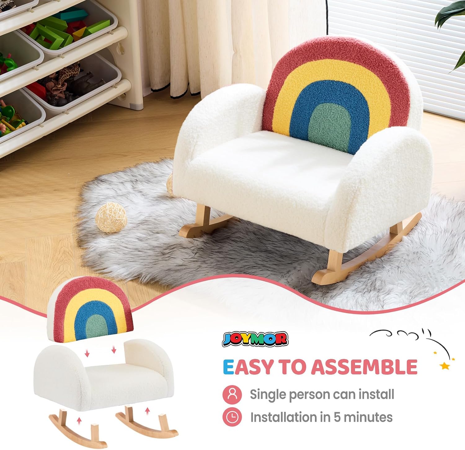 JOYMOR Kids Chair, Teddy Fleece Toddler Rocking Chair with Solid Wood Legs, Anti-Tip Design, Kids Sofa for Nursery, Playroom, Rainbow