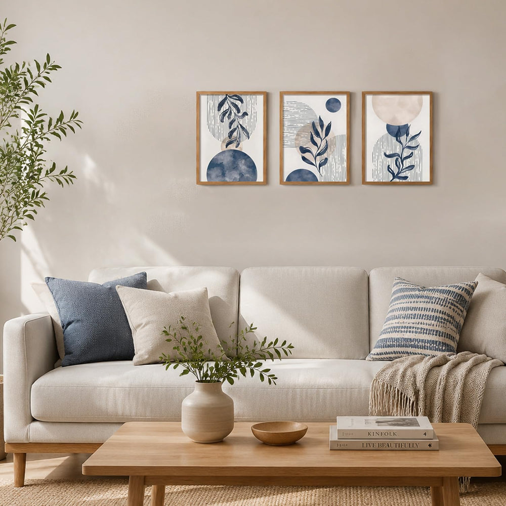 HCJWCXD 3 Pcs Framed Boho Navy Blue Canvas Wall Art 12x16 Inch