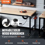 VEVOR Workbench for Garage 72" Adjustable Workbench, Heavy-Duty Hardwood Worktable with Universal Wheels, 3000 LBS Load Capacity, with Power Outlets, for Workshop, Garage, Office and Home