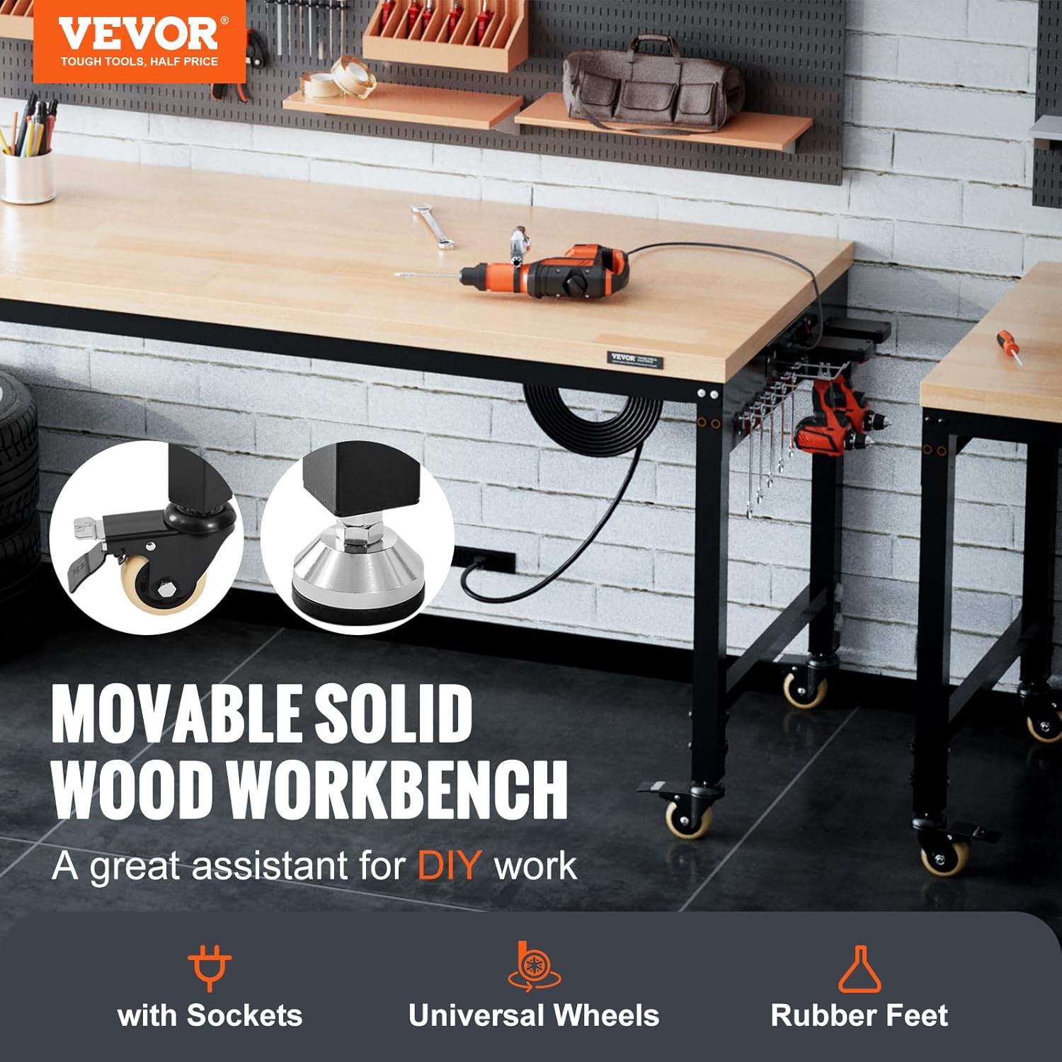 VEVOR Workbench for Garage 72" Adjustable Workbench, Heavy-Duty Hardwood Worktable with Universal Wheels, 3000 LBS Load Capacity, with Power Outlets, for Workshop, Garage, Office and Home