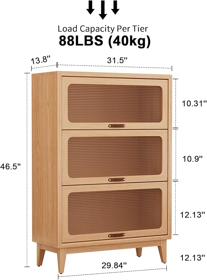 Solid Wood Bookcase with Glass Doors, 3 Shelf Bookshelves and Bookcases, Mid Century Modern Bookshelf with Glass Doors, Kitchen Pantry Cabinet (Natural, 31.5" W)