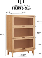 Solid Wood Bookcase with Glass Doors, 3 Shelf Bookshelves and Bookcases, Mid Century Modern Bookshelf with Glass Doors, Kitchen Pantry Cabinet (Natural, 31.5" W)