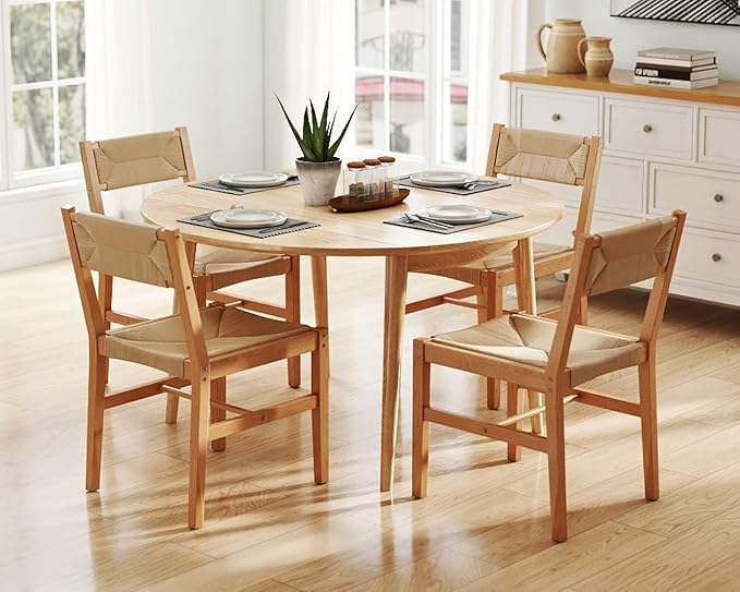 Mid Century Modern Rattan Dining Chairs Set of 2, Natural Beechwood Kitchen Chairs Farmhouse Woven Dining Room Chairs, Armless Boho Cane Wicker Chair Wooden Dining Chairs with Weave Hemp Seat and Back