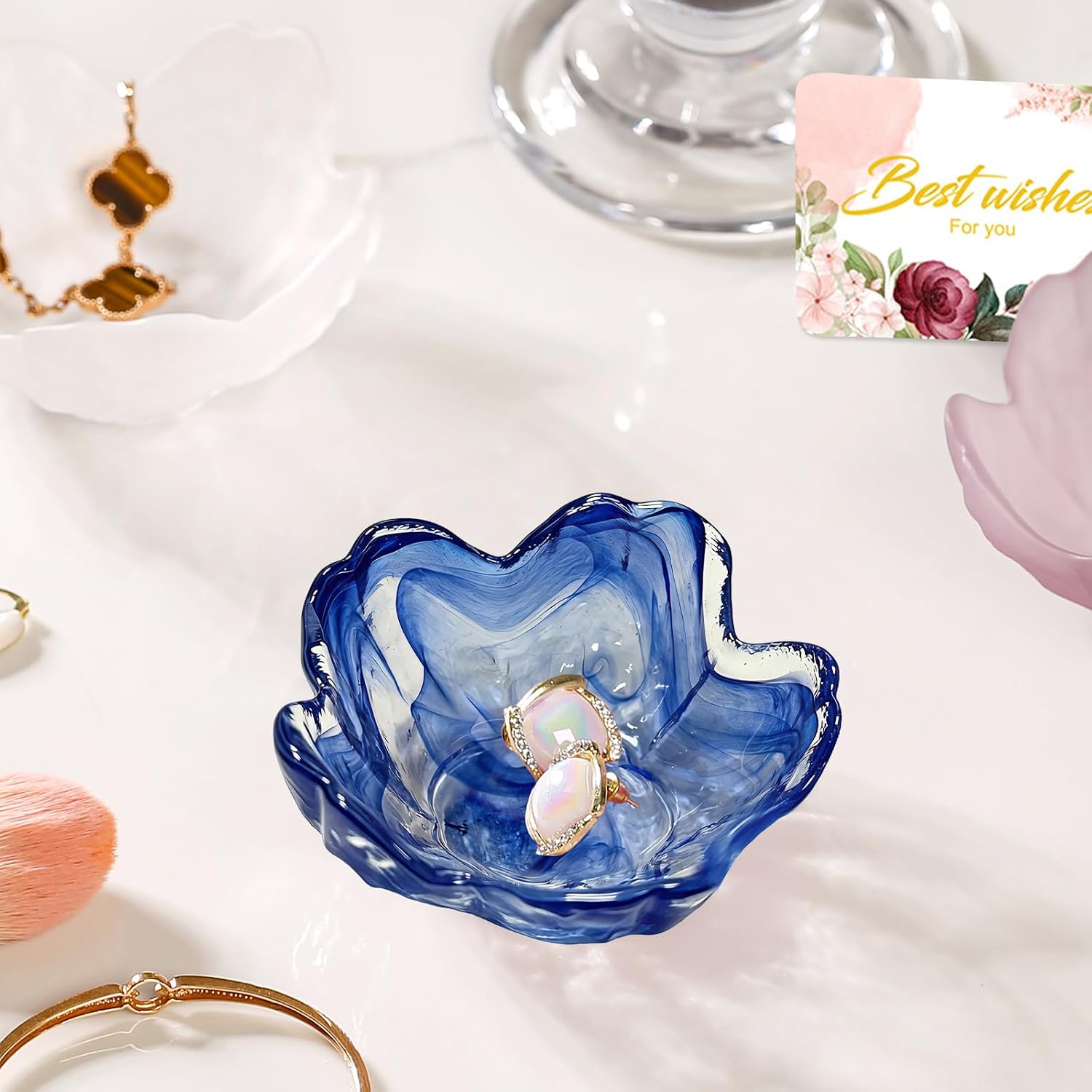 Gifts for Women Flower Jewelry Dish Ring Holder Dish Jewelry Tray Bathroom Vanity Organizer Blue Room Decor Aesthetic Nightstand Bedroom Decor Trinket Dish Small Friendship Wedding Birthday Gifts