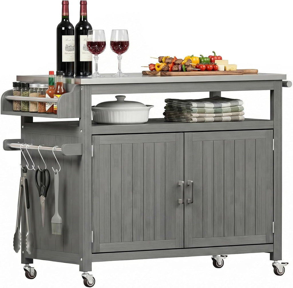 FUQARHY 43.3-Inch Solid Wood Outdoor Kitchen Island with Storage Cabinet, Grill Table with Stainless Steel Top, Outdoor Cooking Prep Station with Lockable Wheels for Backyard, Patio, Party (Gray)