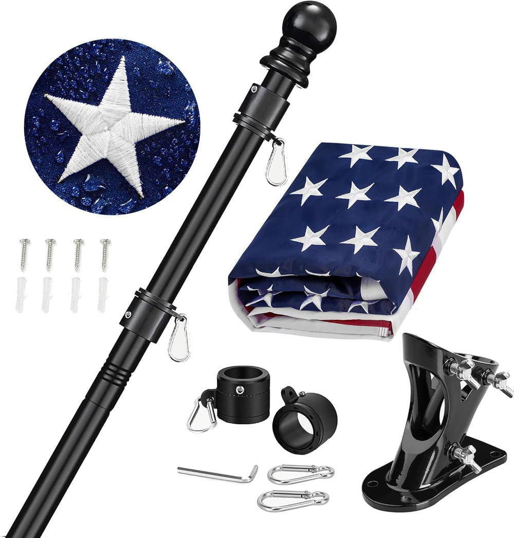 American Flag Pole Kit for House, 6FT Black Metal Pole with 3x5FT US Flag