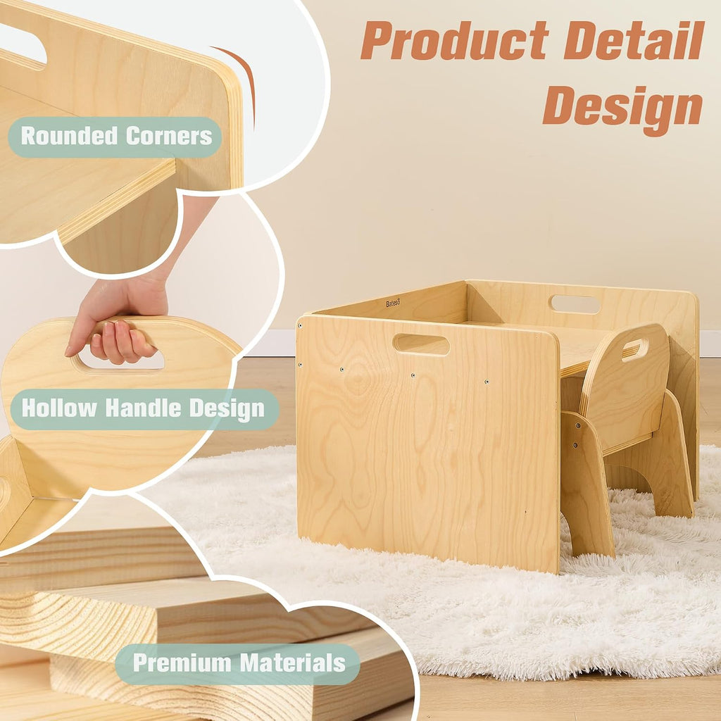 Bateso Montessori Weaning Table and Chair Set for Toddler 1-3, Wooden Baby Table and Chair Set for Eating, Laerning & Playing, Montessori Kids Furniture for Home or Preschool