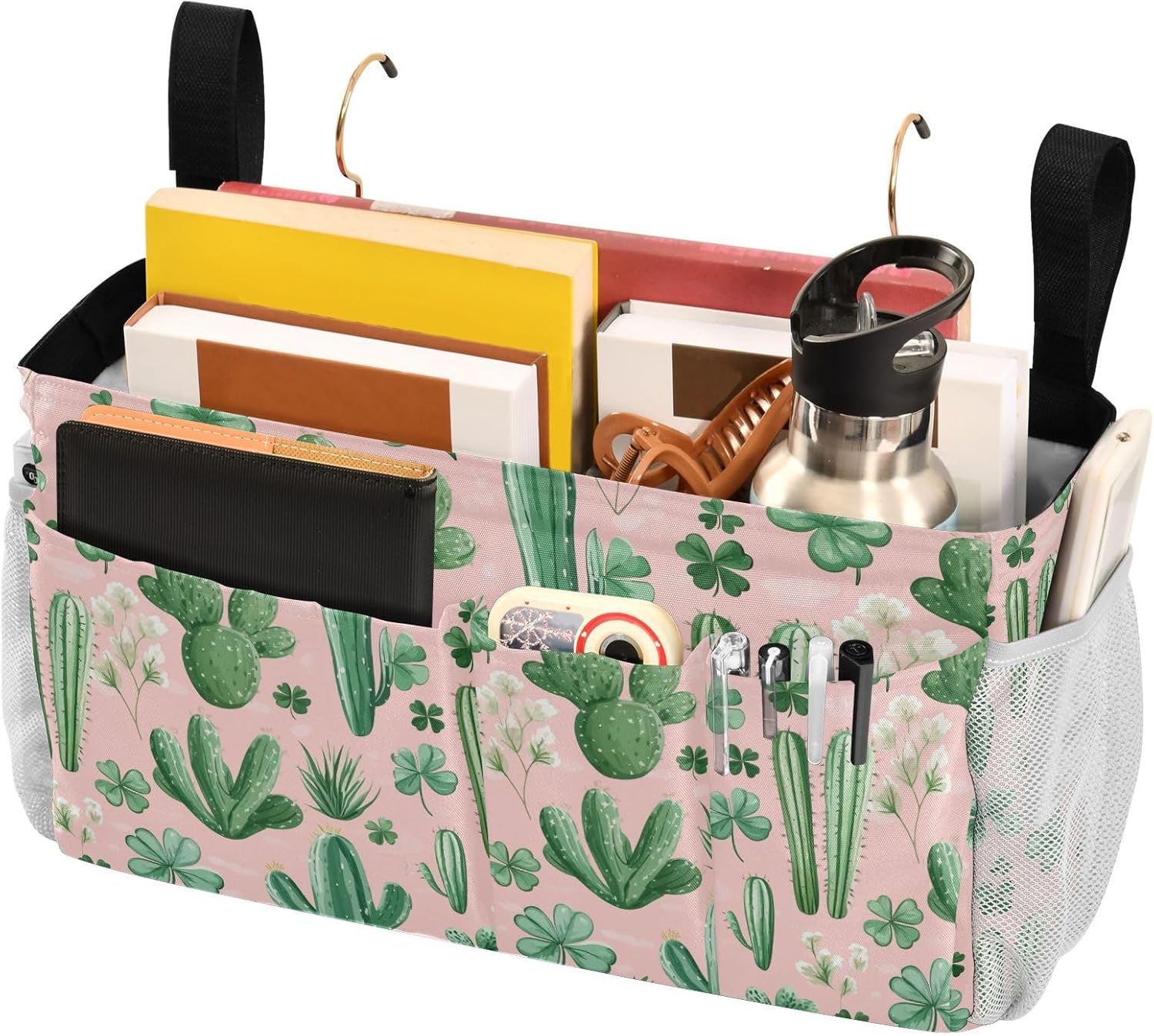 Floral Pink Cacti and Clovers Bedside Caddy for Dorm Bed Bedside Hanging Caddy Bag Iron Frame Storage Organizer Pocket for Bunk Home College Hospital Beds 2 Hooks