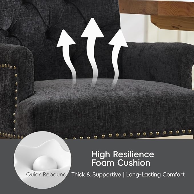Upholstered Tufted Chenille Dining Chairs with Arms & Nailhead Trim – Solid Wood Frame & Legs, Modern Farmhouse for Dining, Kitchen & Living Room (Set of 1, Charcoal Gray)