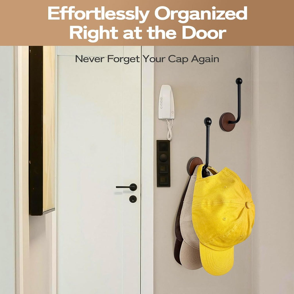 Adhesive Hat Holder Storage Organizer - Wall Mounted & Door Back Hat Rack with Wood Base & Metal Rod for Closet, Cabinet, Wardrobe (Black)