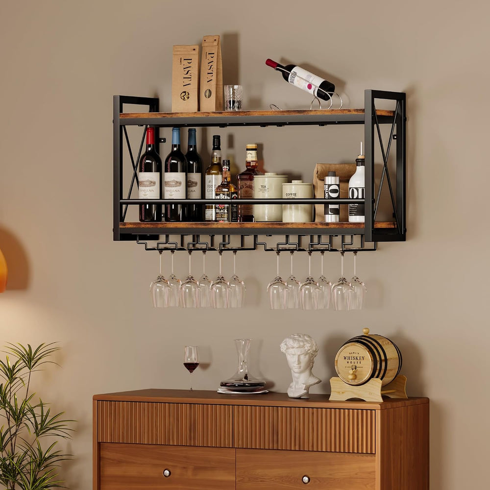 Homeiju Wall Mounted Wine Rack, Bottle & Glass Holder Wood-Metal Retro Wi...