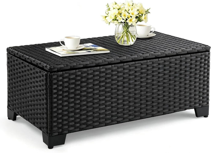 VINGLI Outdoor Coffee Table with Storage, All-Weather Wicker Patio Table for Garden, Balcony, Backyard