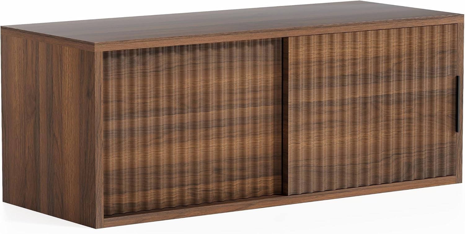 Fluted Floating TV Stand, 30" Multi-Purpose TV Display Shelf Modern Console Entertainment Center Cabinet with Sliding Doors for Bedroom Living Room Entryway, Brown
