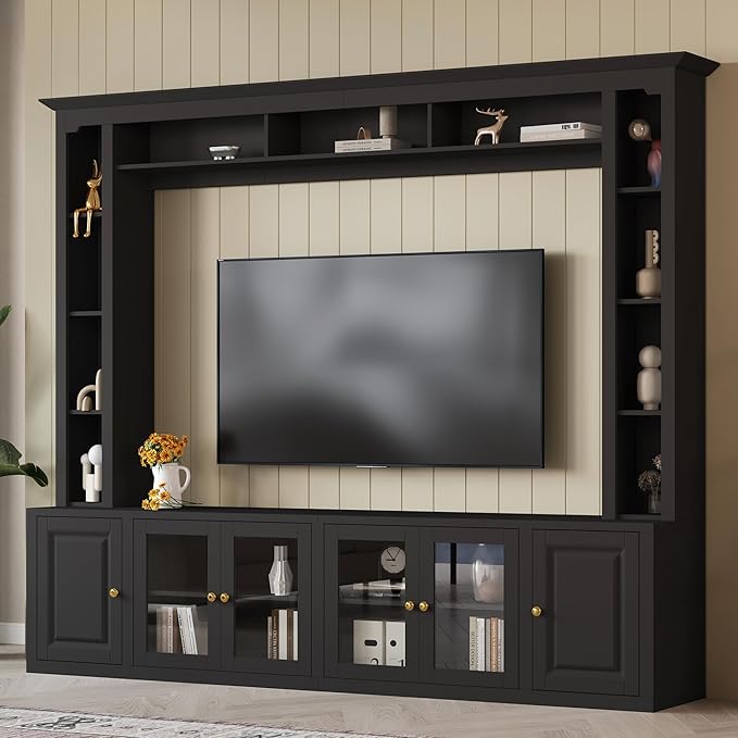 Merax Modern 4 Piece Entertainment Wall Unit with Bookshelf for Televisions Up to 80'', Wood Inch Large Entertainment Center w/Storage, TV Cabinets for Living Room, Black