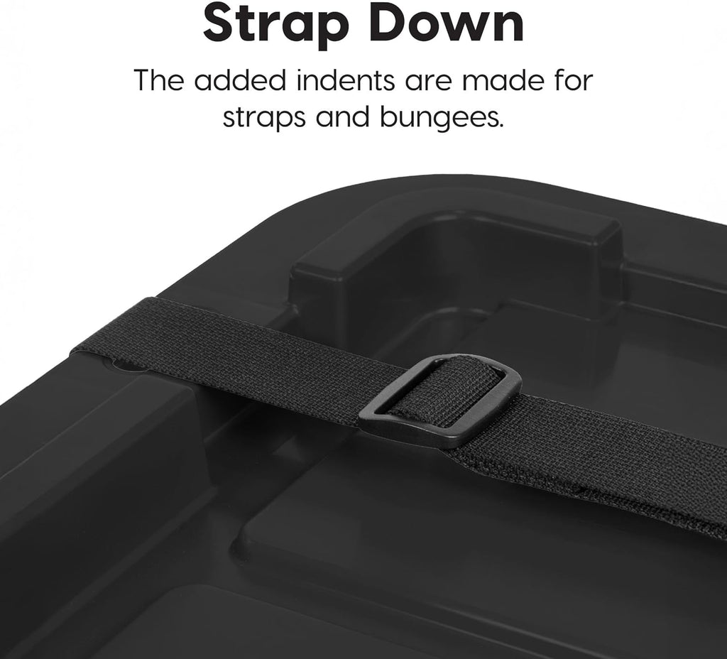 IRIS USA 27 Gallon Heavy Duty Truck Bed Toolbox Storage Tote Bins with Lids, 4 Pack - Made in USA, Tough Snap On Lockable Lid Stackable Industrial Tubs, Garage Organization Reusable Box - Black