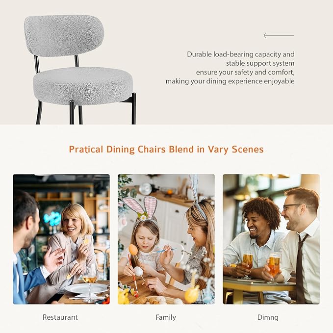 Sweetcrispy Dining Chairs Set of 2, Boucle Upholstered Modern Mid Century Round Kitchen Chairs with Curved Backrest & Metal Legs for Vanity, Living Room - Classic Grey