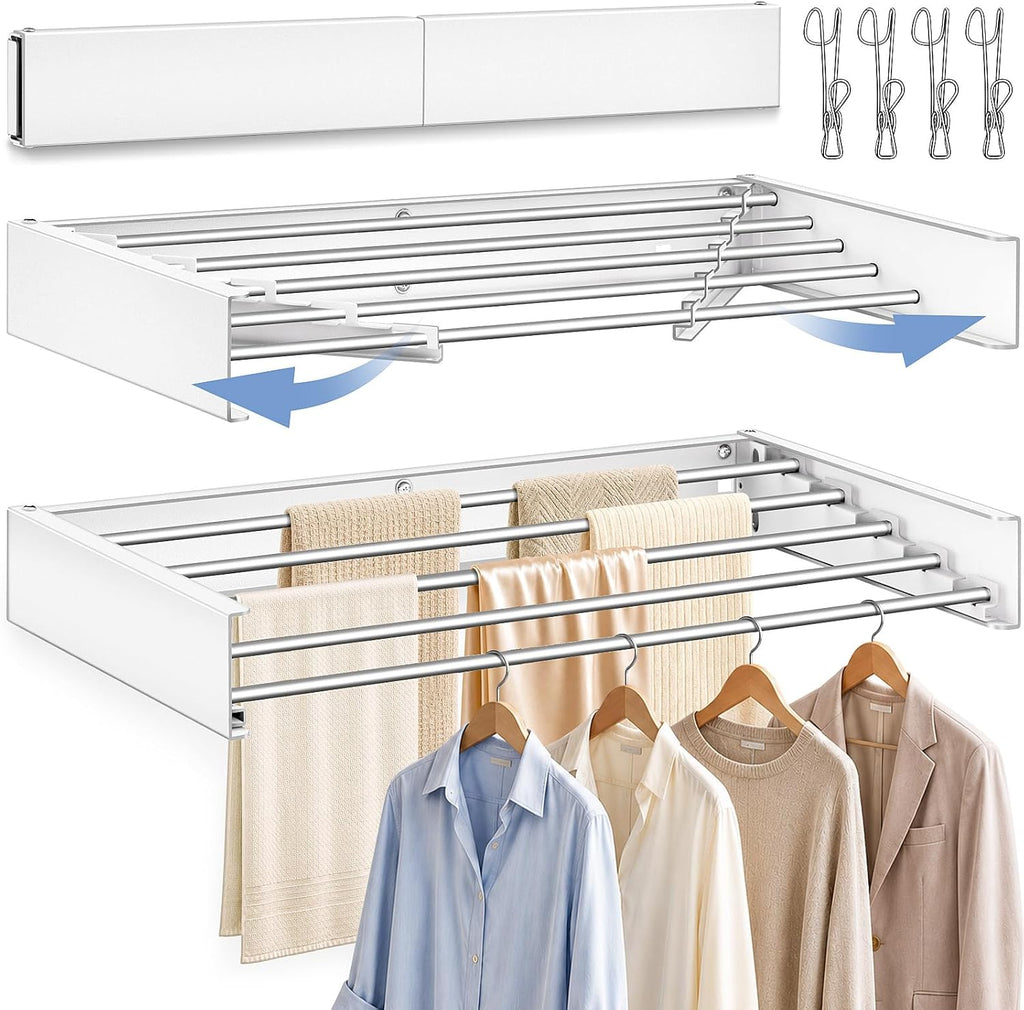 32'' Wall Mounted Clothes Drying Rack, Foldable & Collapsible Wall Mount Laundry Rack w/ 5 Thickened Rods & 4 Hooks, Space Saver Hanging Drying Rack Clothing for Laundry Room Bathroom Indoor
