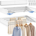 32'' Wall Mounted Clothes Drying Rack, Foldable & Collapsible Wall Mount Laundry Rack w/ 5 Thickened Rods & 4 Hooks, Space Saver Hanging Drying Rack Clothing for Laundry Room Bathroom Indoor