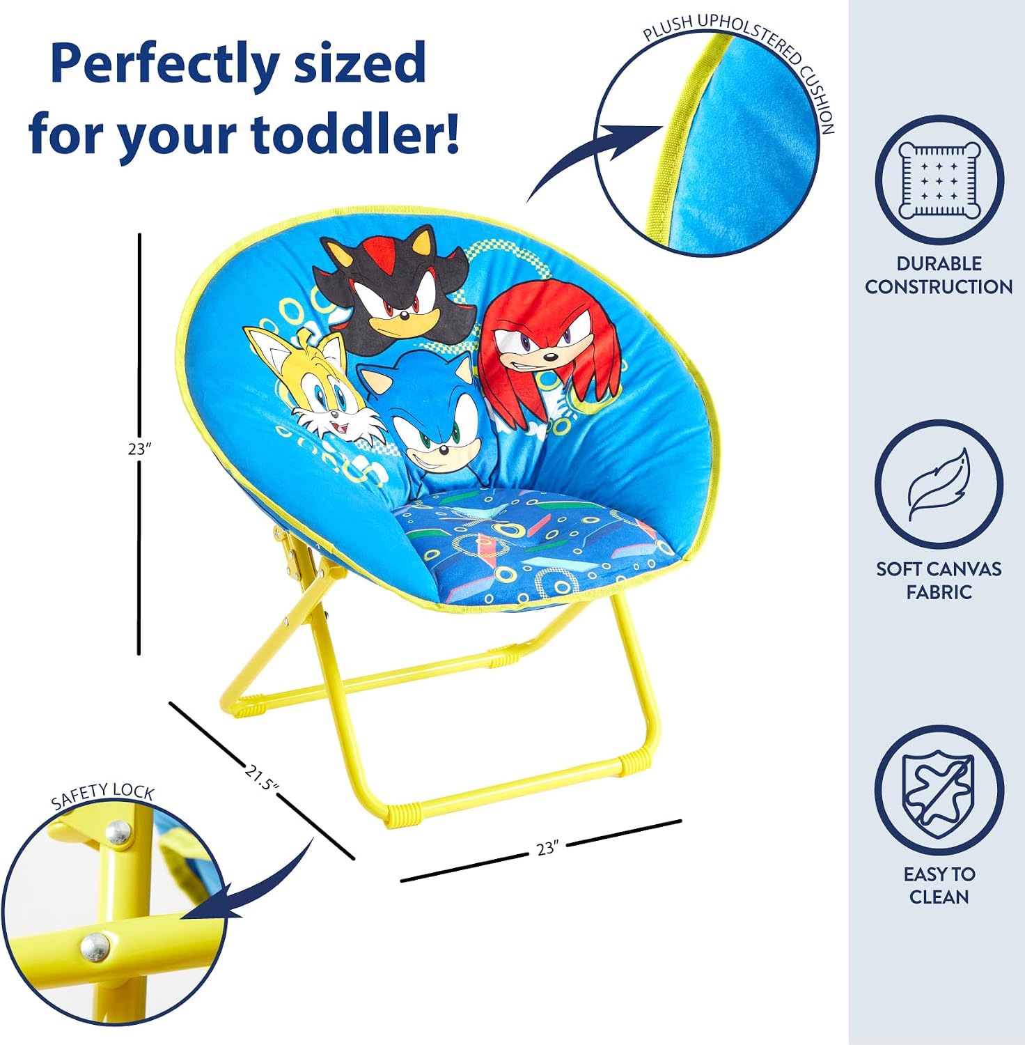 Sega Sonic The Hedgehog 23-Inch Kids Folding Saucer Chair,Portable, Padded Seat with Metal Frame for Kids Ages 3+, Ideal for Bedroom, Playroom, or Gaming Setup