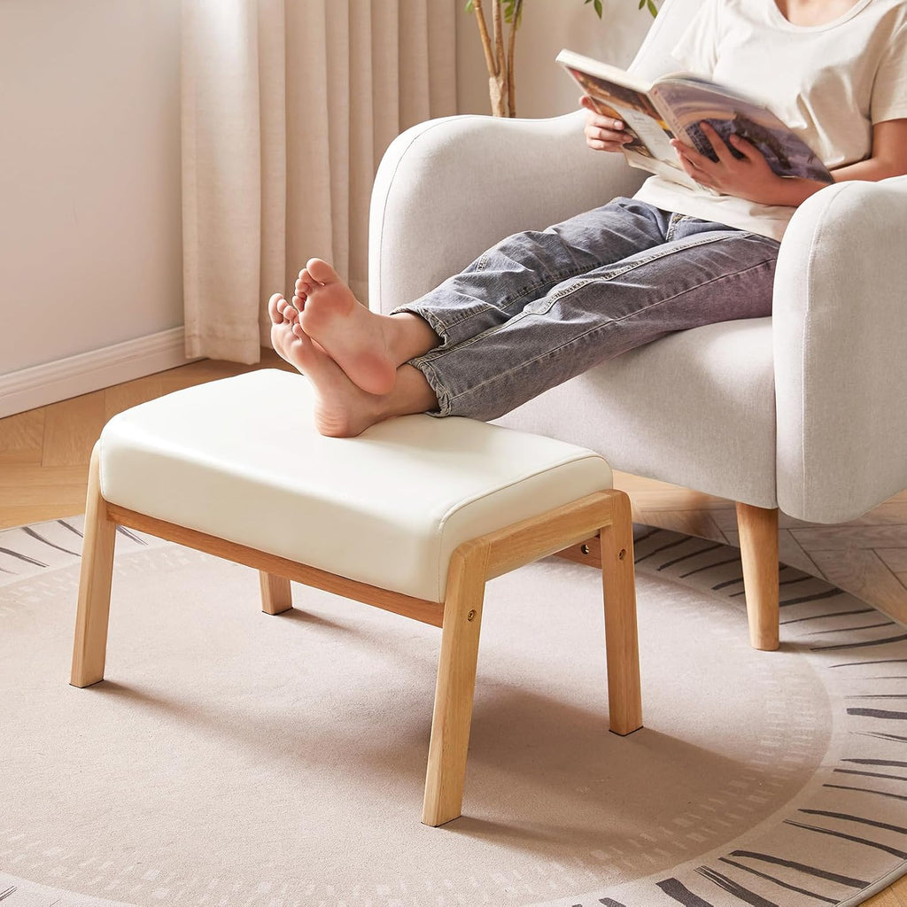 IBUYKE 14.2” H Large Foot Stool Ottoman, Rectangle PU Faux Leather Foot Rest with Padded Seat and Wood Legs, Modern Ottoman Foot Rest for Accent Chair Living Room Bedroom Couch Office, White WBD031W