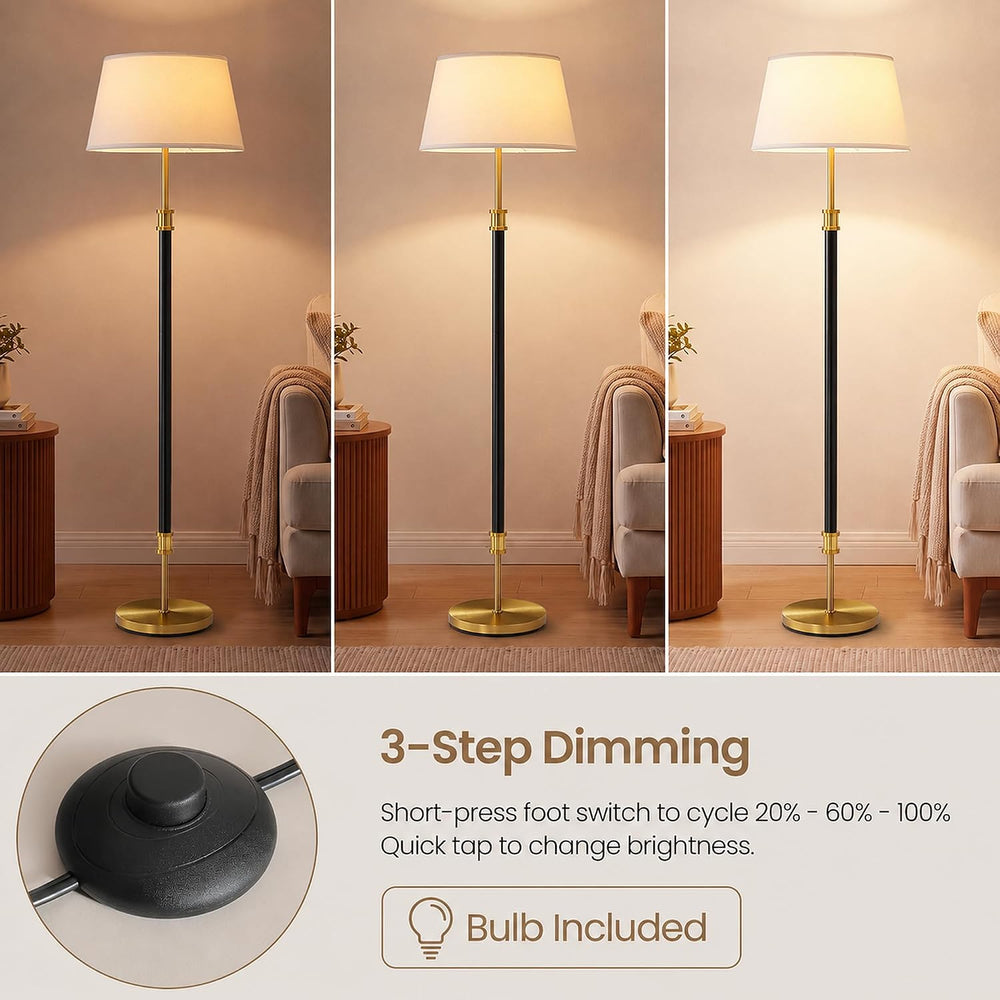 Modern Mid Century Floor Lamp with Soft Linen Shade, 63” Tall Black & Bra...