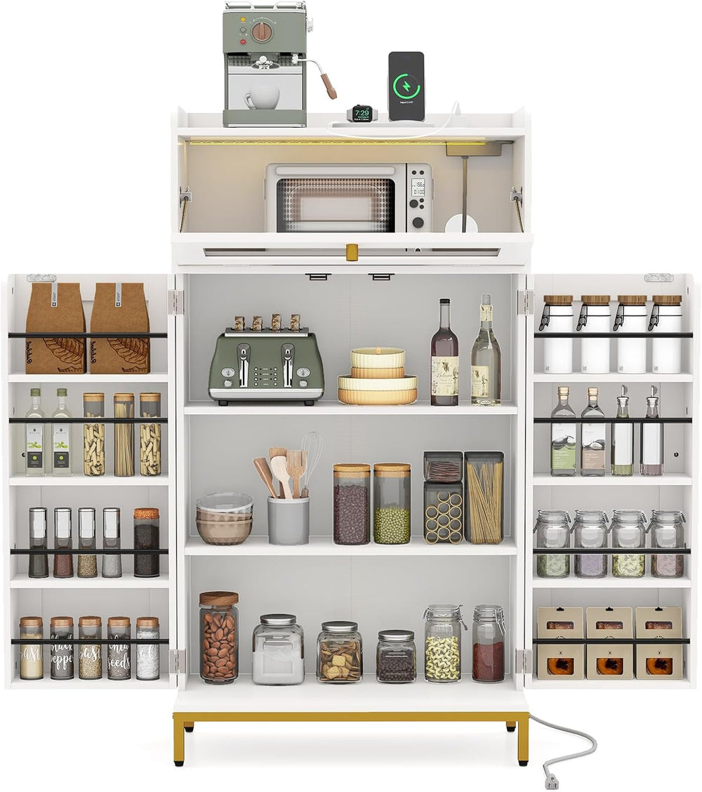 LOKO Kitchen Pantry Cabinet, Freestanding Food Storage Cupboard with Power Ou...