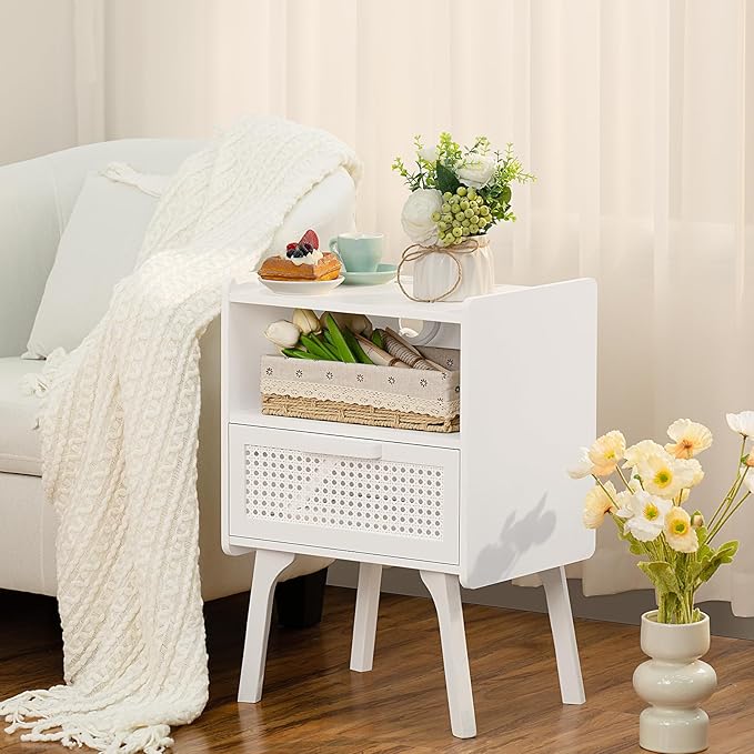 Lerliuo Rattan Nightstand with Charging Station, Side Table with Drawer Open ...