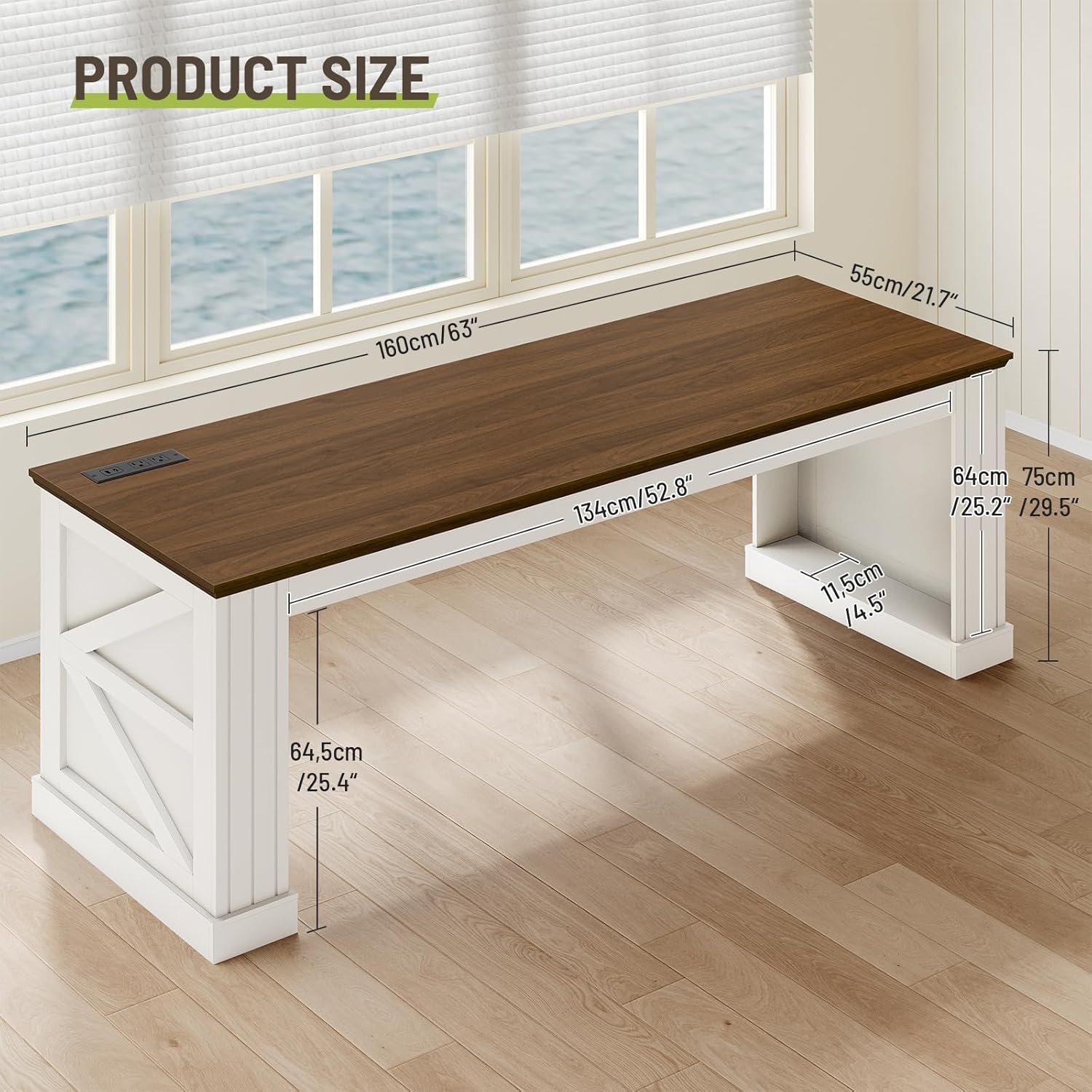 63-Inch Farmhouse Executive Desk, Long Computer Desk with Built-in Charging Station & Bottom Storage, Home Office Writing Study Desk for Bedroom, Living Room, White and Walnut