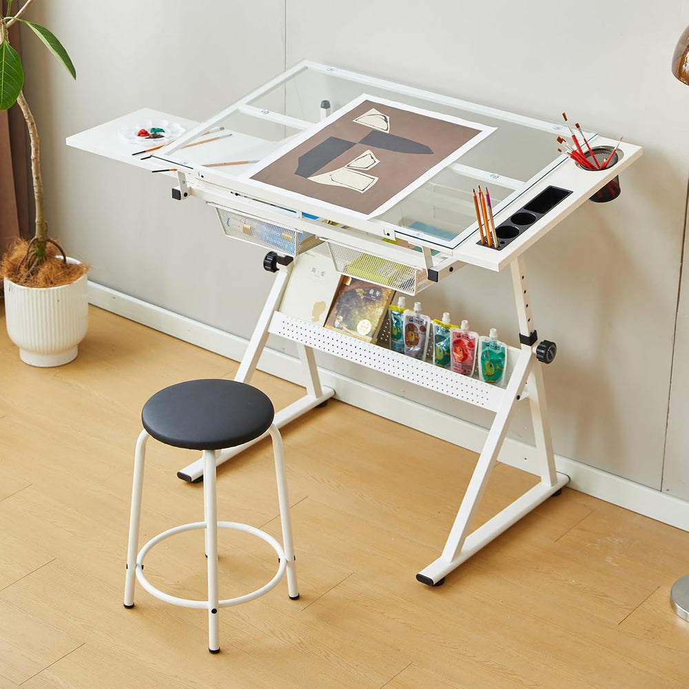 Drafting Table with Stool, Height Adjustable Art Desk with Tilting Tempered G...
