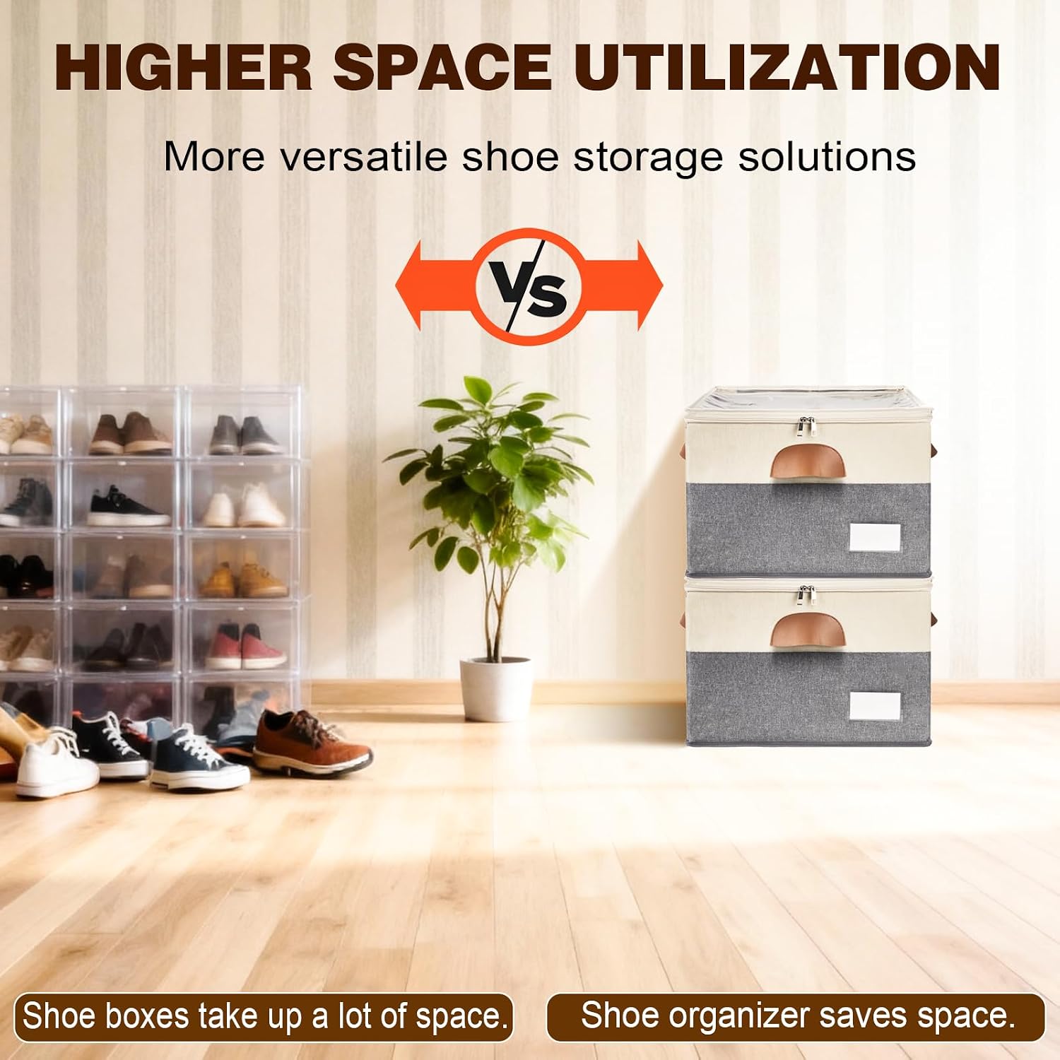 2 Pack Shoe Organizer for Closet with Adjustable Divider Shoe Storage Box | Fits 16-32 Pairs Stackable Foldable Shoe Bin with Clear Cover for Sneaker Boot Heel Sandal Dorm Space Saving Beige and Grey