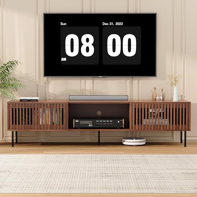 HOMMPA 70 Inch TV Stand for TVs Up to 80'', Mid Century TV Stand with Slatted Door Design, Modern Media Console with Storage Cabinet & Drawer, Entertainment Center for Livingroom, Walnut