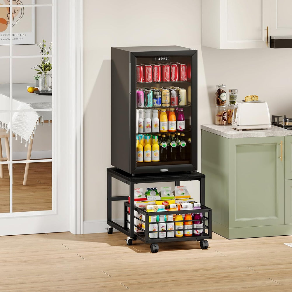 HOOBRO End Table, Mini Fridge Stand with Storage, Mini Fridge Table with Whee...