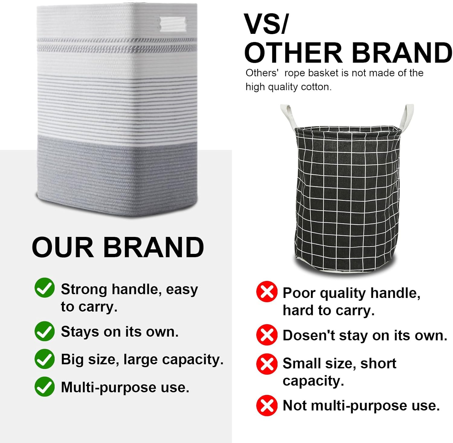 Laundry Hamper, Large Woven Rope Tall Laundry Basket with Handles, 22" X 17" X 13", Decorative Storage Basket for Clothes and Blankets in Living room, Bedroom, Grey & White