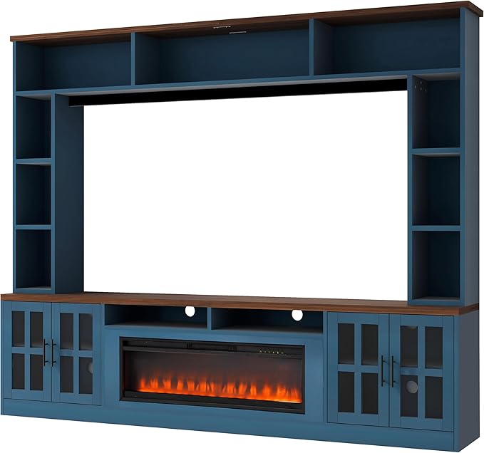 95.5" Entertainment Wall Unit Set with 39.4" Fireplace, Modern TV Stand for Televisions Up to 80", Large Media Console with Cabinets and Tempered Glass Doors for Living Room, Navy Blue