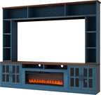 95.5" Entertainment Wall Unit Set with 39.4" Fireplace, Modern TV Stand for Televisions Up to 80", Large Media Console with Cabinets and Tempered Glass Doors for Living Room, Navy Blue