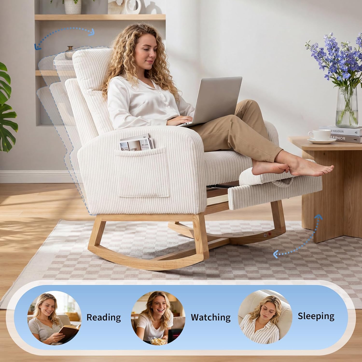 GarveeLife Nursery Rocking Chair,300lb Glider Chair with Solid Wood Legs/Two Side Pockets,Corduroy Upholstered Glider Rocker with Footrest High Backrest for Living Room/Bedroom/Nursery