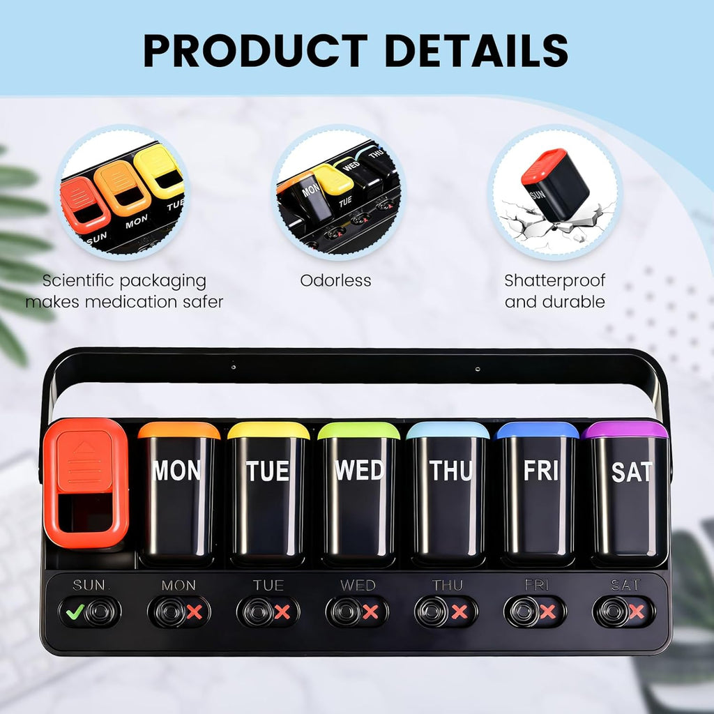 Pill Organizer Easy-Slide Lid, Removable 7 Day 1 Time a Day Pill Box, Large Travel Pill Case, Week Once Daily Medication Dispenser, Pill Container Holder for Supplement, Vitamin, Black
