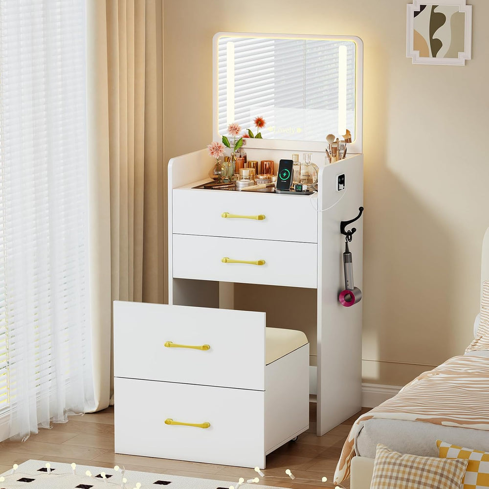 3 in 1 Vanity with Mirror and Sensor Lights,Charging Station,Pure White | Gla...