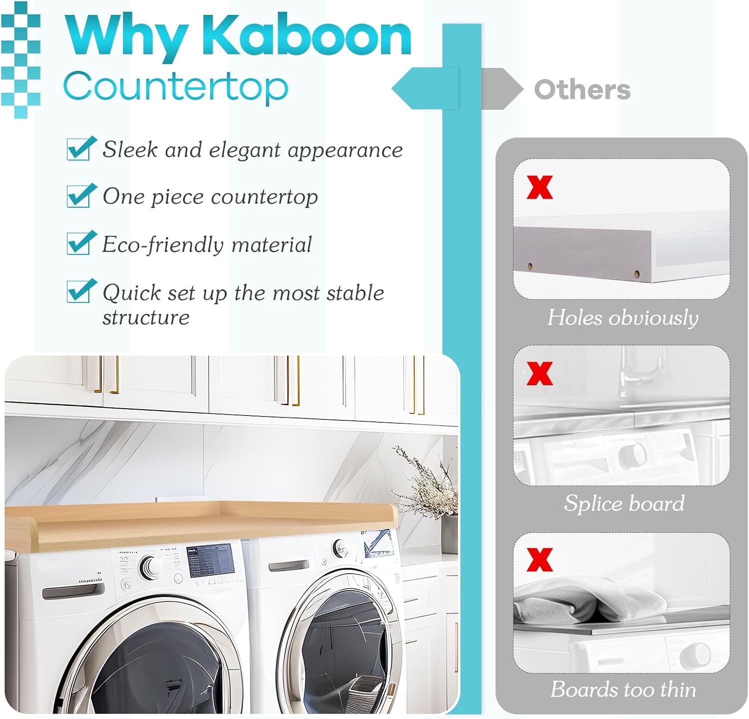 Kaboon Washer Dryer Countertop 58" x 28" Extra Large Version, Melamine Countertop with 3.5" Edge Rails, Laundry Room Organization, Light Walnut