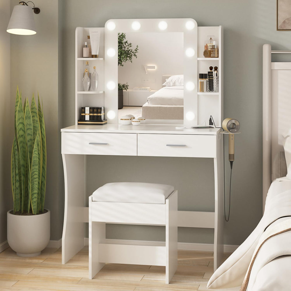 Vabches White Makeup Vanity Desk with Lighted Mirror & Charging Station |...