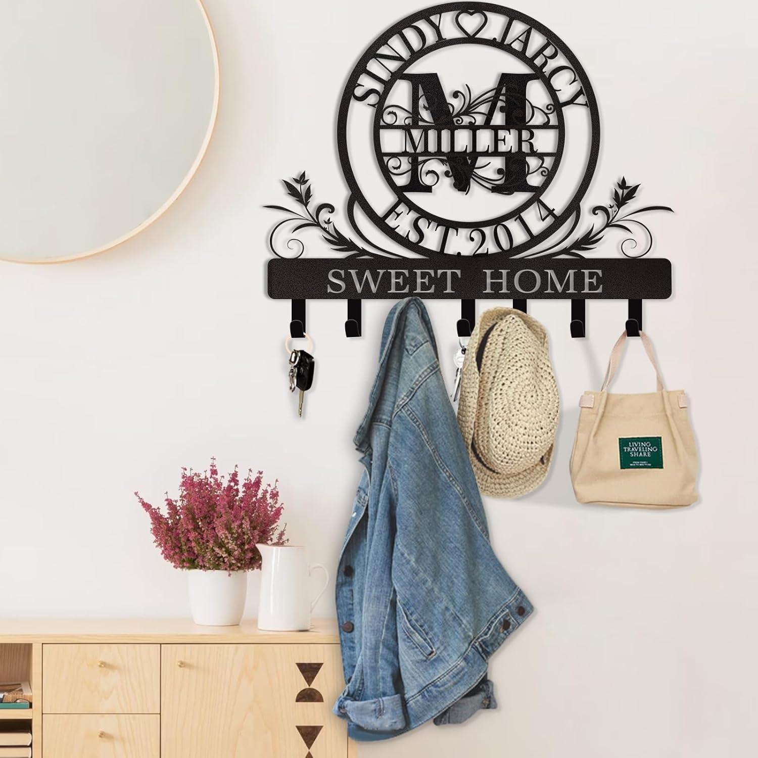Personalized Key Holder for Wall, Custom Family Name Metal Wall Key Hanger, Key Hooks with Monogram Design, Key Rack Holder Wall Mount for Living Room Bedroom, Anniversary Couple Gift