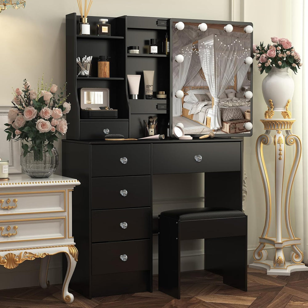 Umeiga Black Vanity Desk with Sliding Mirror and Lights, Small Makeup Vanity ...
