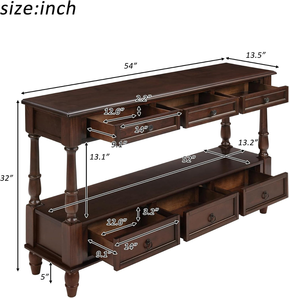 Knocbel Console Table with 6 Storage Drawers and Bottom Shelf, Vintage Sofa T...