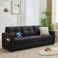 TYBOATLE 88" W Faux Leather Couches w/USB, Mid-Century Modern Tufted Comfy Black Leather Couch w/Side Pockets and Wider Arms for Living Room, 3 Seater Leathe Sofa for Office, Apartment, Bedroom