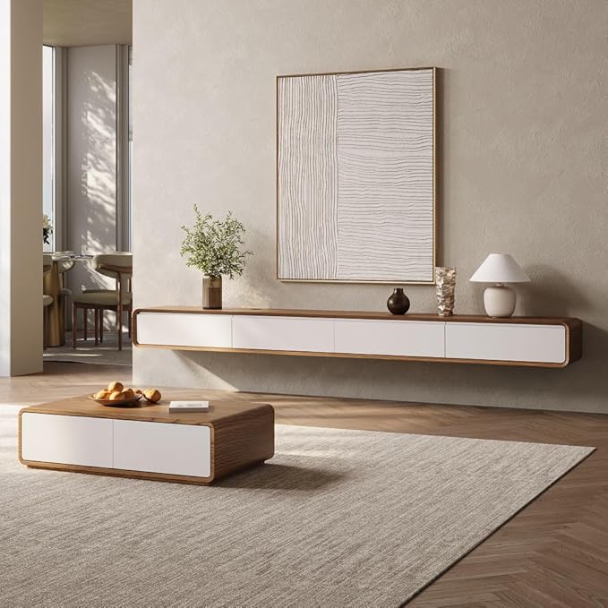 POVISON Fully-Assembled Minimalist Floating TV Stand, Modern Wall-Mounted Entertainment Center with 4 Flip-Down Cabinet Doors, Solid Wood Media Console, 110.24"